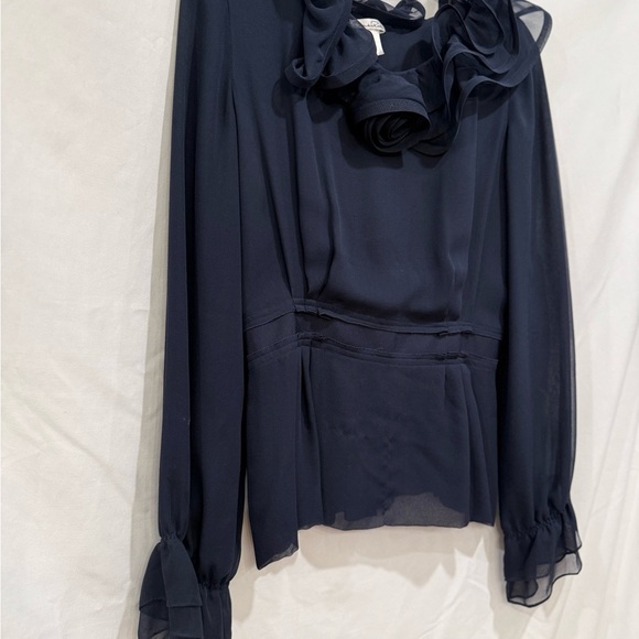 OSCAR DE LA RENTA - NAVY BLUE SILK CHIFFON RUFFLE ROSE BLOUSE - Size 6 - Picture 2 of 9